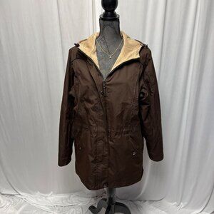 St Johns Bay Reversible Jacket Womens Size Large Brown Tan Faux Fur Hooded Coat